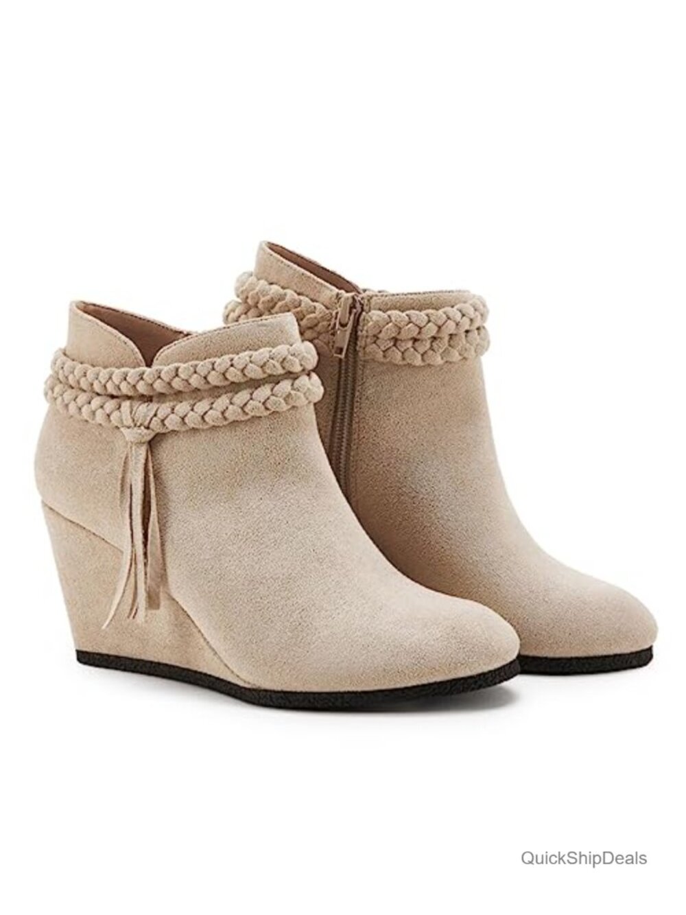 Faux Suede Wedge Ankle Boots Braided Fringe Strap Western Heeled Booties